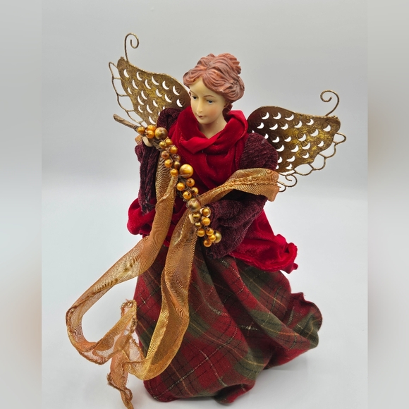 VINTAGE Angel Christmas Tree Topper / Decoration Red Gold Plaid - Picture 3 of 8